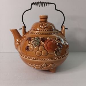 Royal Sealy Teapot, Gold/Brown Floral Fruit with Wire Handle, Japan. Vintage.